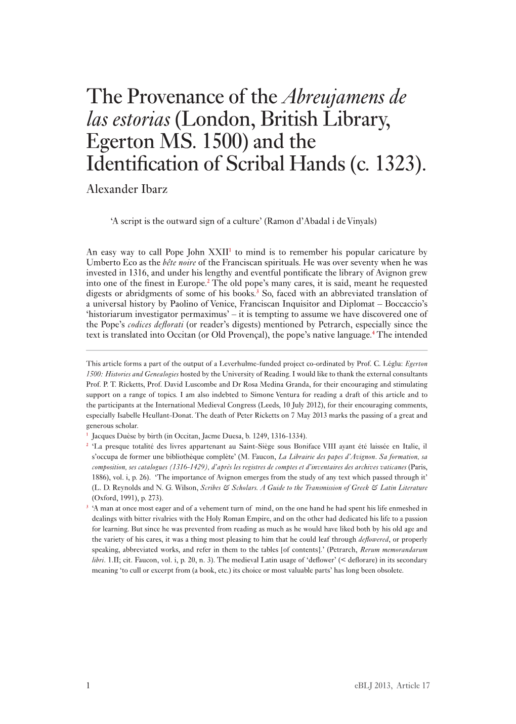 London, British Library, Egerton MS. 1500) and the Identiﬁcation of Scribal Hands (C