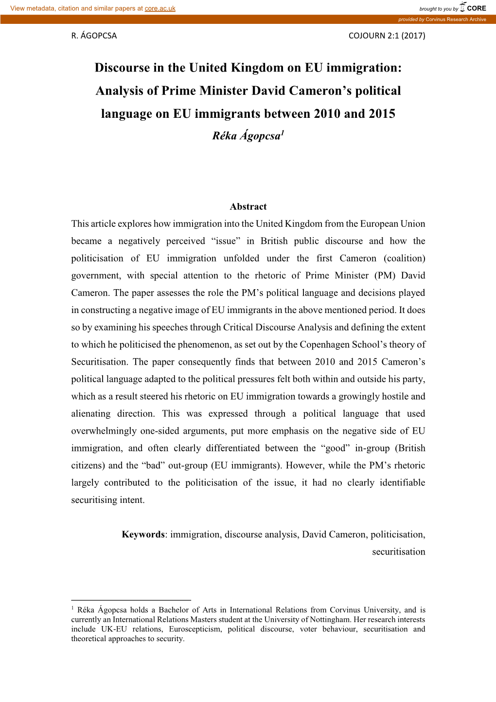 Discourse in the United Kingdom on EU Immigration: Analysis of Prime Minister David Cameron's Political Language on EU Immigra