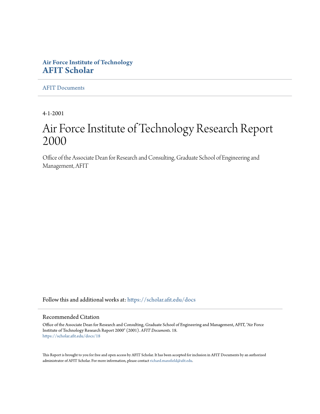 Air Force Institute of Technology Research Report 2000 Office of the Associate Dean for Research and Consulting, Graduate School of Engineering and Management, AFIT