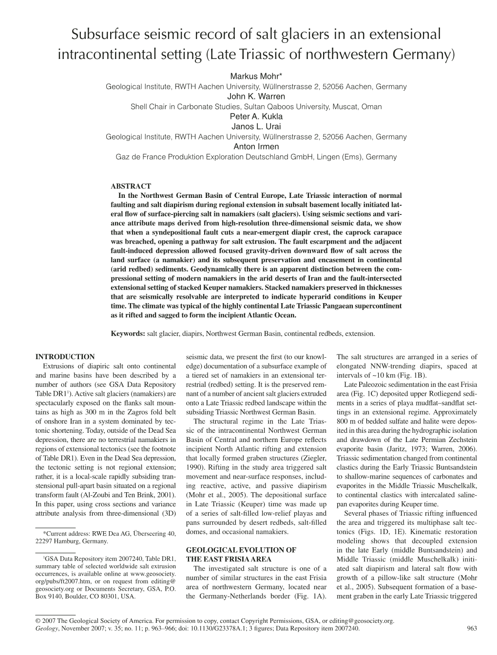 Subsurface Seismic Record of Salt Glaciers in an Extensional Intracontinental Setting (Late Triassic of Northwestern Germany)