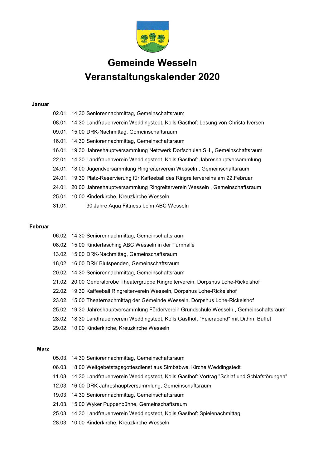 Veranstaltungskalender 2020 Wesseln