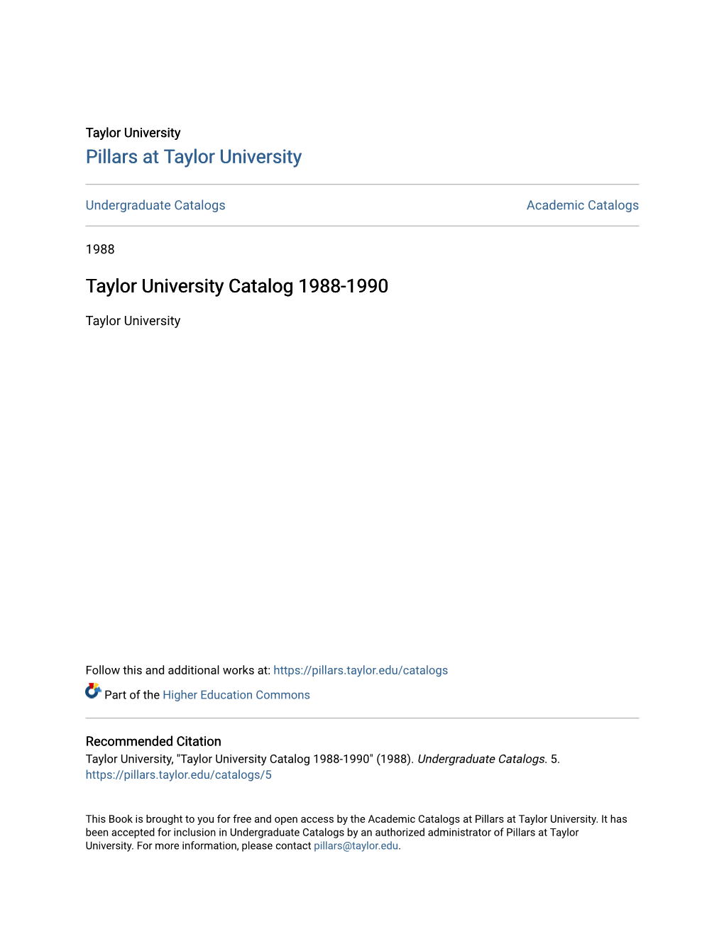 Taylor University Catalog 1988-1990