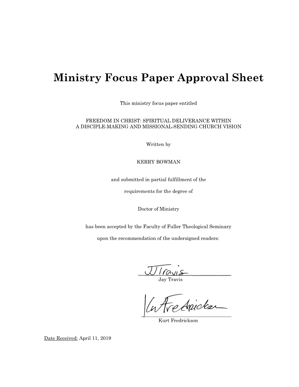 Ministry Focus Paper Approval Sheet