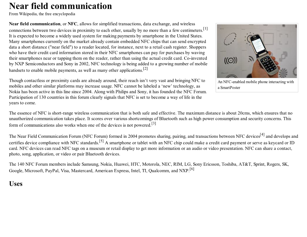 Near Field Communication from Wikipedia, the Free Encyclopedia