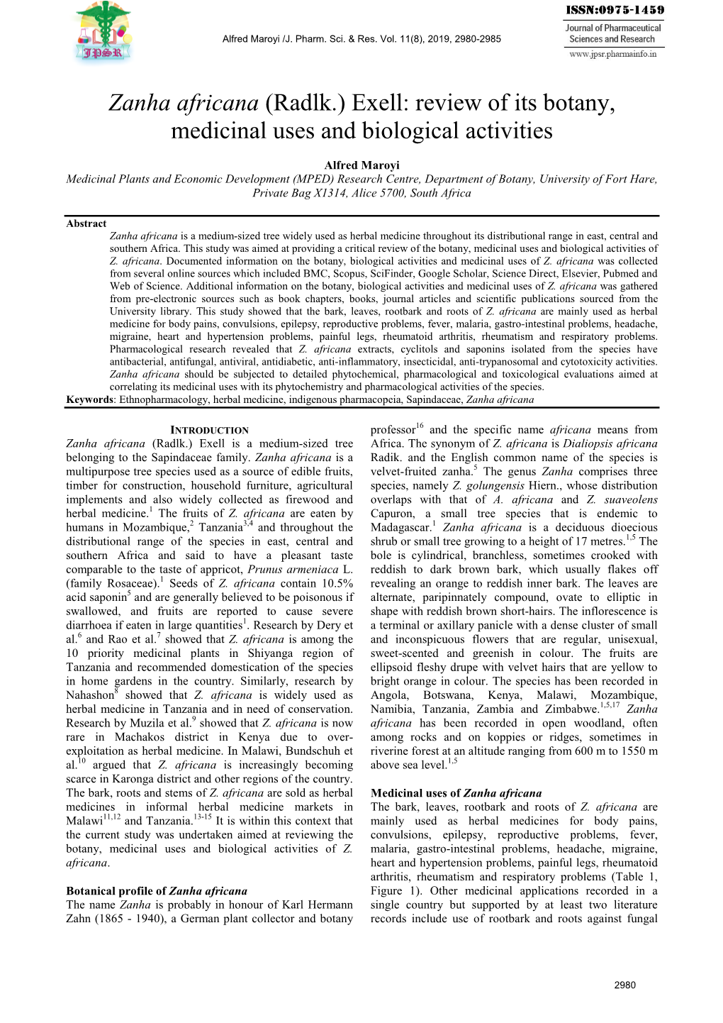 Zanha Africana (Radlk.) Exell: Review of Its Botany, Medicinal Uses and Biological Activities