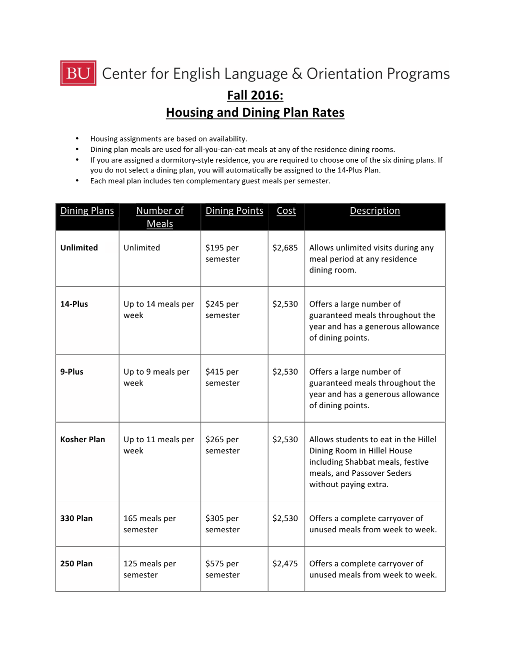 Housing and Dining Plan Rates