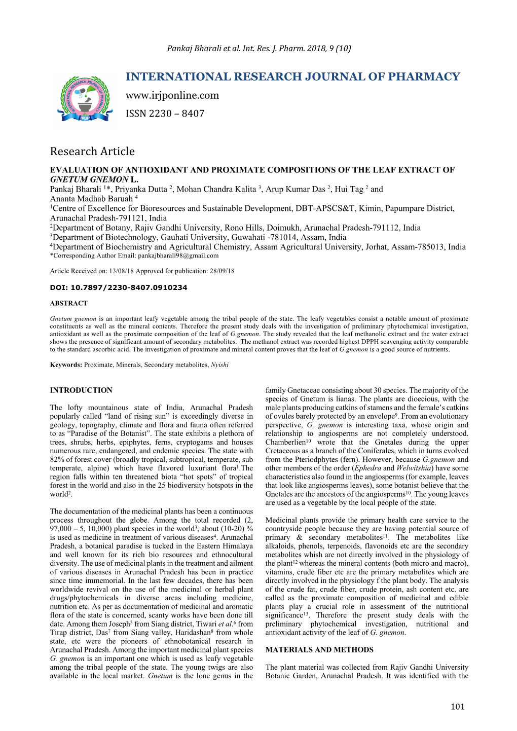 Research Article EVALUATION of ANTIOXIDANT and PROXIMATE COMPOSITIONS of the LEAF EXTRACT of GNETUM GNEMON L