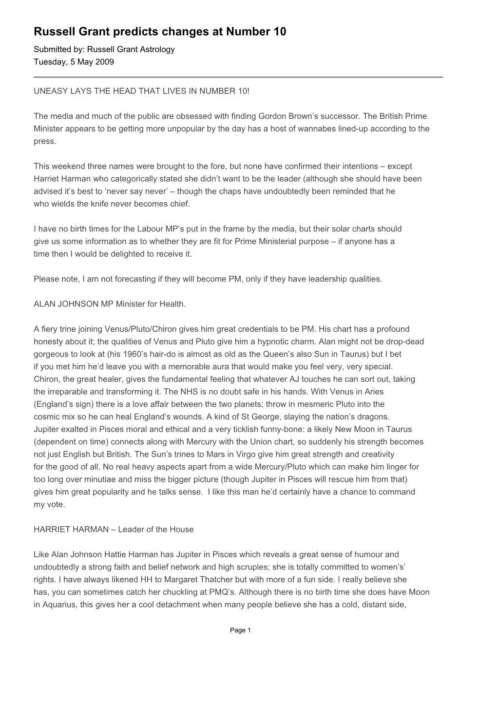 Russell Grant Predicts Changes at Number 10 Submitted By: Russell Grant Astrology Tuesday, 5 May 2009