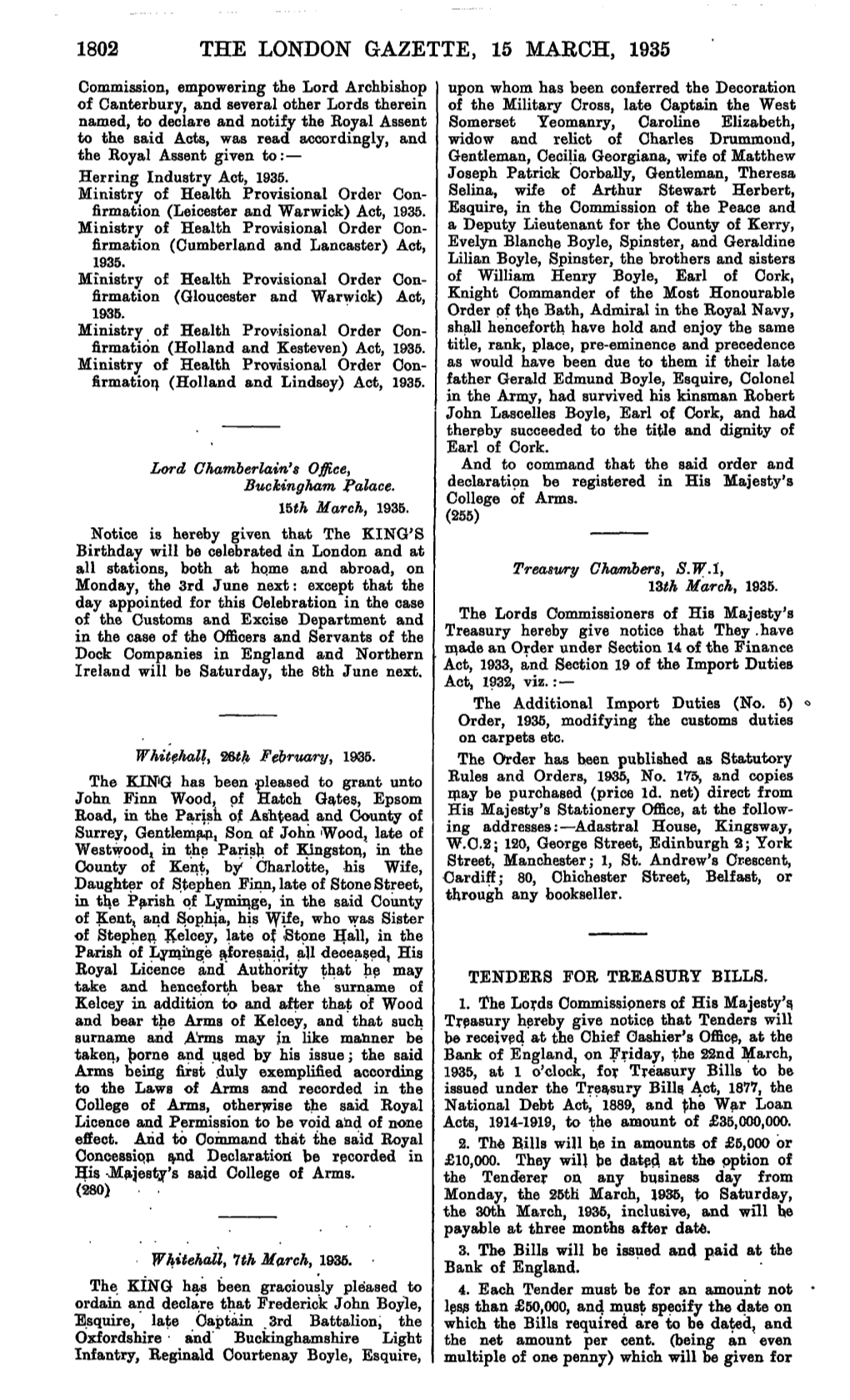 1802 the London Gazette, 15 March, 1935