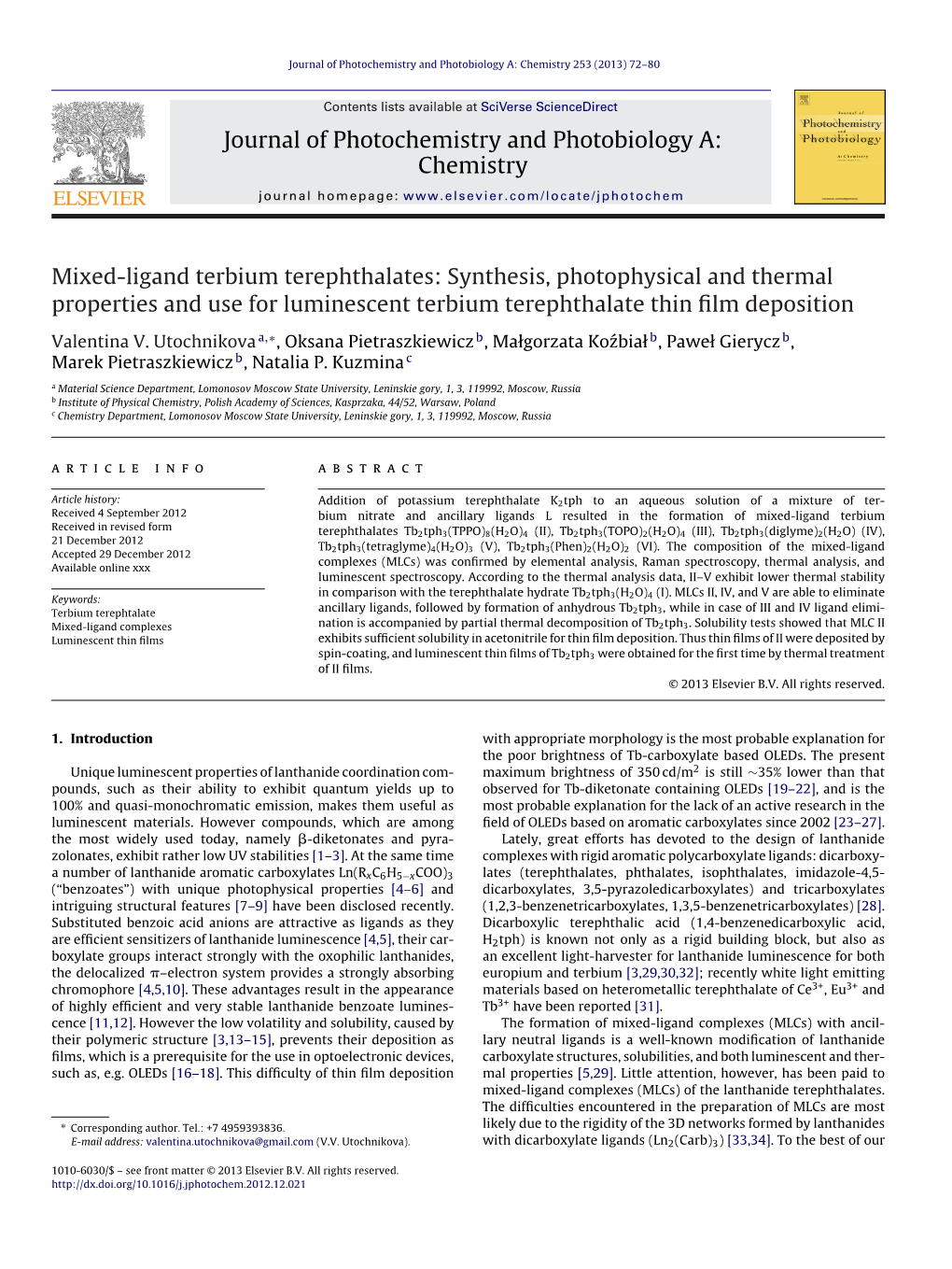 Mixed-Ligand Terbium Terephthalates: Synthesis, Photophysical and Thermal