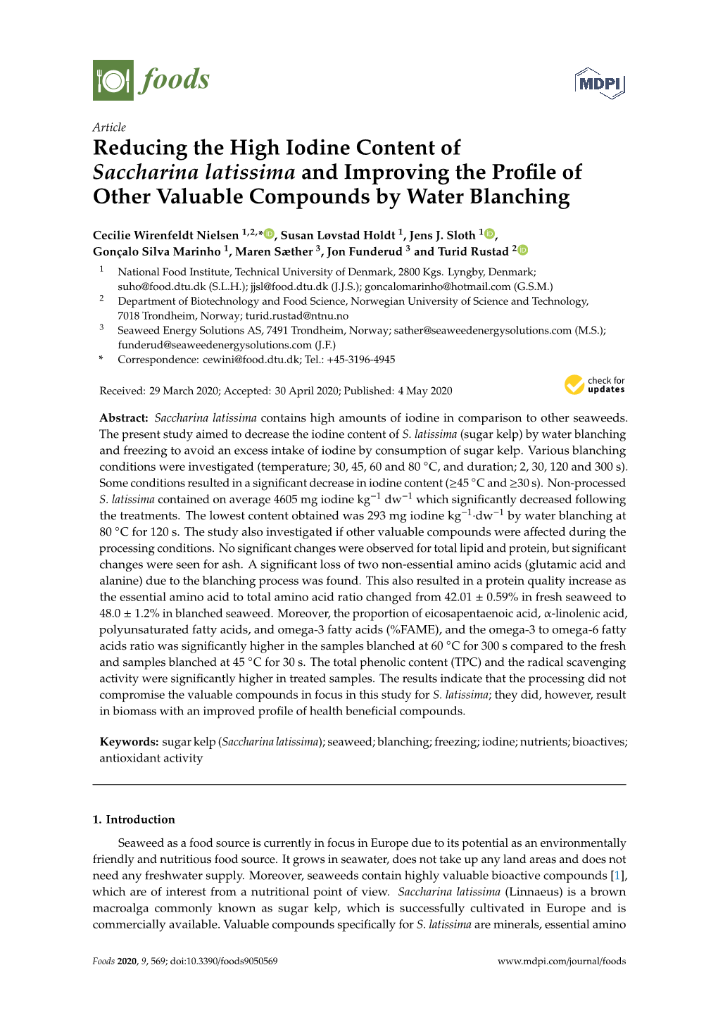 Reducing the High Iodine Content of Saccharina Latissima and Improving the Proﬁle of Other Valuable Compounds by Water Blanching