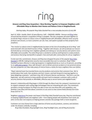 Amazon and Ring Close Acquisition—Now Working Together to Empower Neighbors with Affordable Ways to Monitor Their Homes and Reduce Crime in Neighborhoods