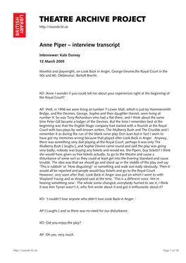 Theatre Archive Project: Interview with Anne Piper