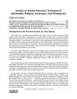 Section on Jordan Peterson's Treatment of Spirituality, Religion, Archetypes, and Metaphysics