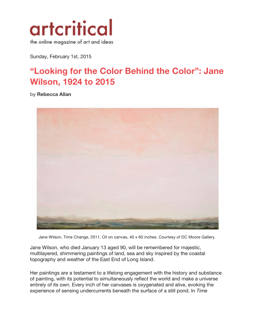 Jane Wilson, 1924 to 2015 by Rebecca Allan