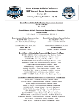 Great Midwest Athletic Conference 2019 Women's Soccer Season Awards