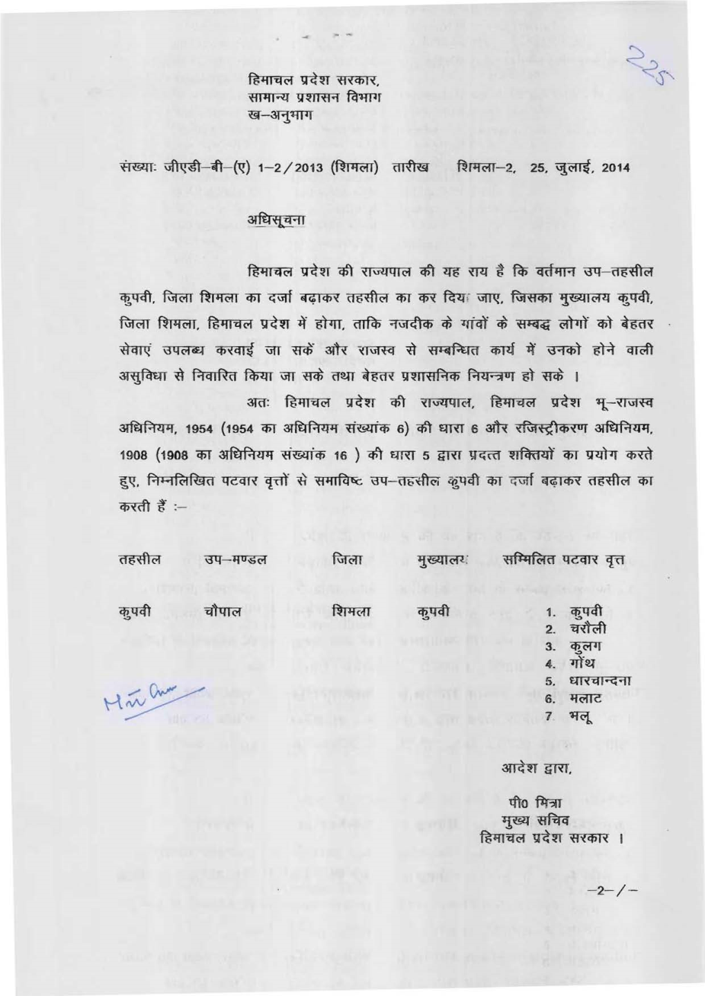 Creation of Sub-Tehsil in Shimla, Himachal Pradesh