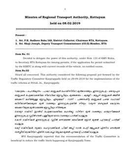 Minutes of Regional Transport Authority, Kottayam Held on 08.02