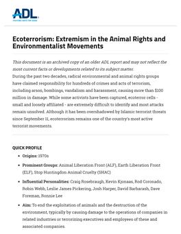 Extremism in the Animal Rights and Environmentalist Movements