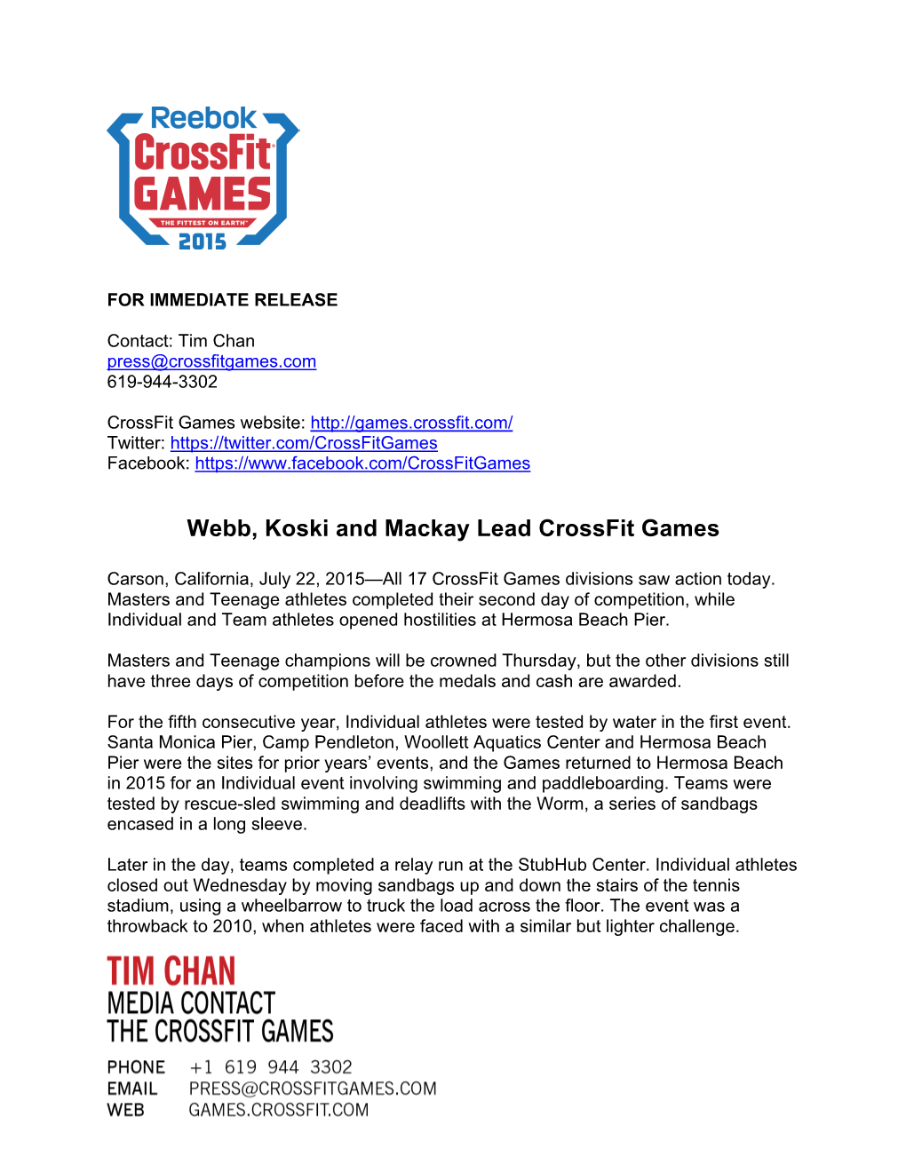 Webb, Koski and Mackay Lead Crossfit Games