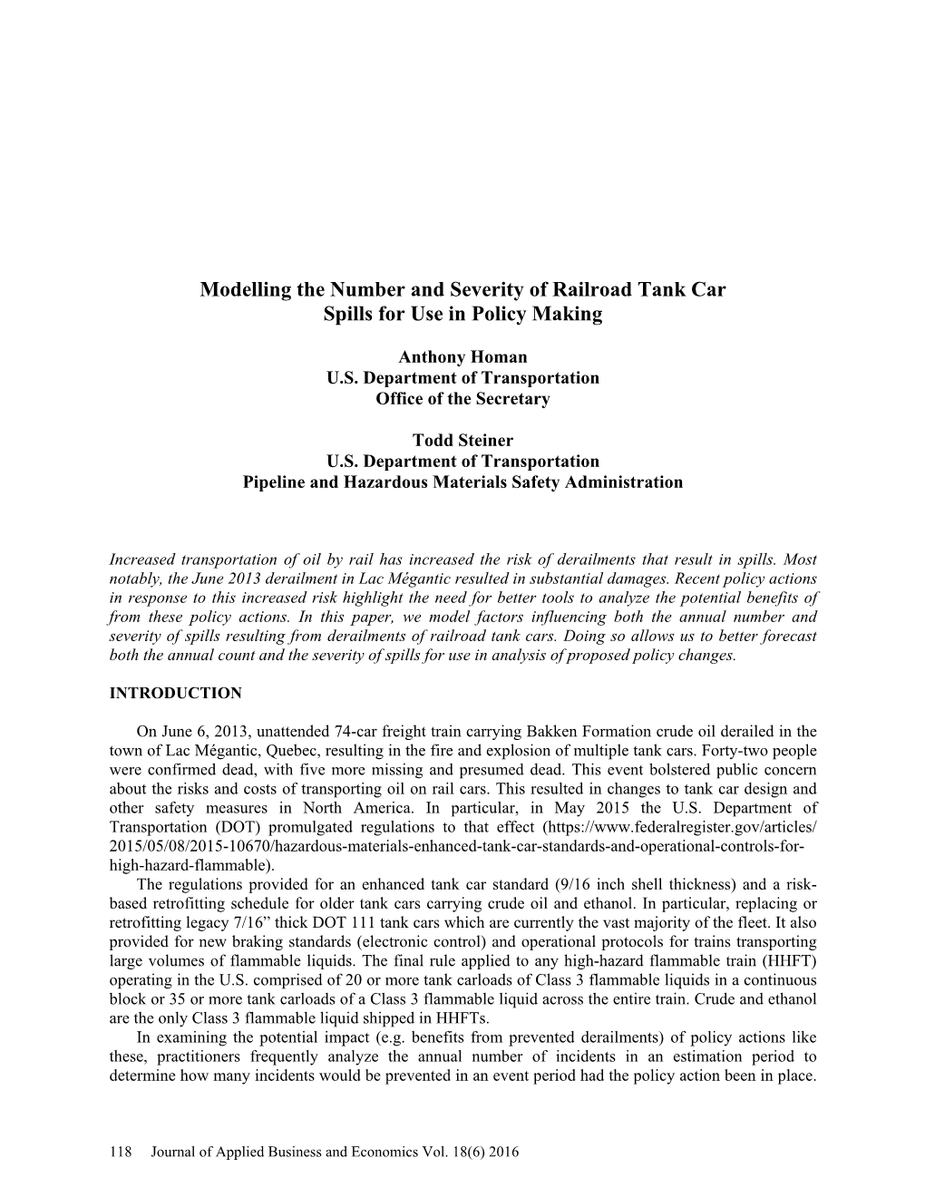 Modelling the Number and Severity of Railroad Tank Car Spills for Use in Policy Making