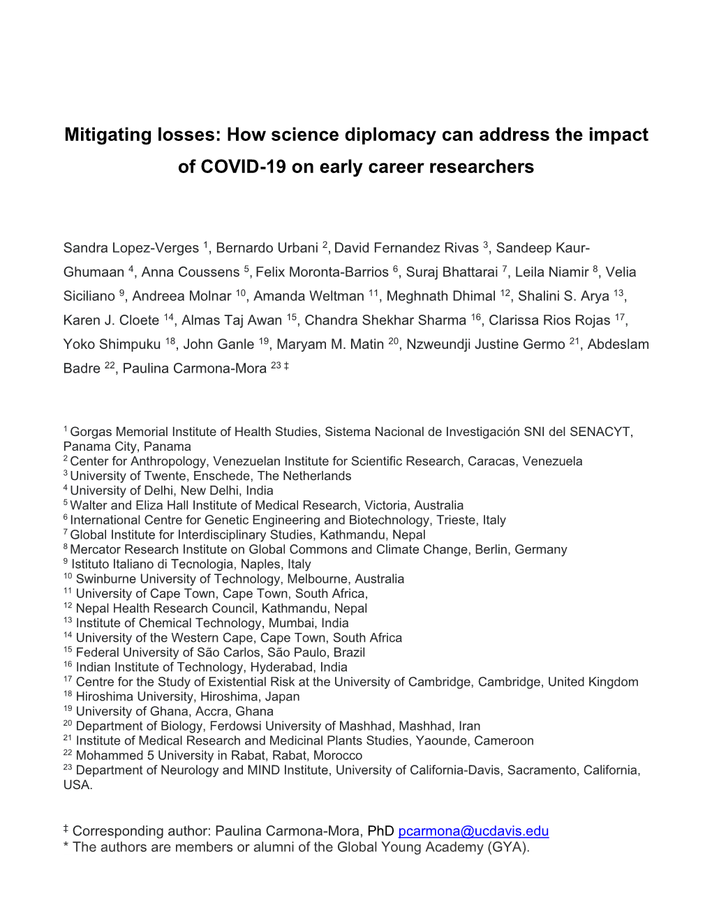 How Science Diplomacy Can Address the Impact of COVID-19 on Early Career Researchers