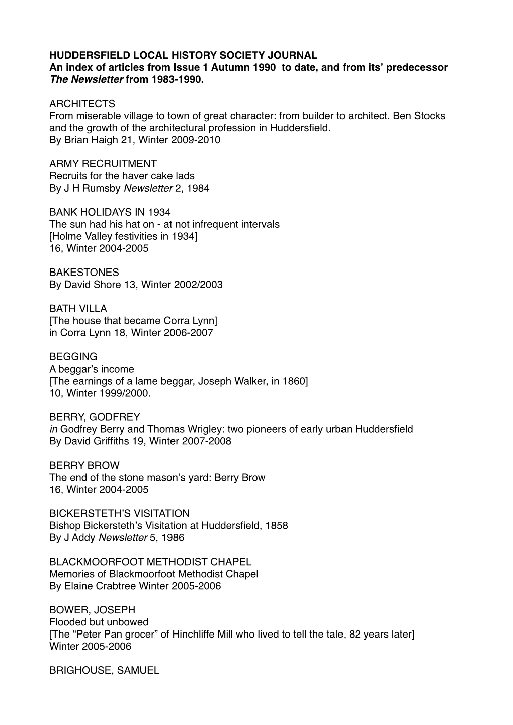 Huddersfield Lh Journal Index