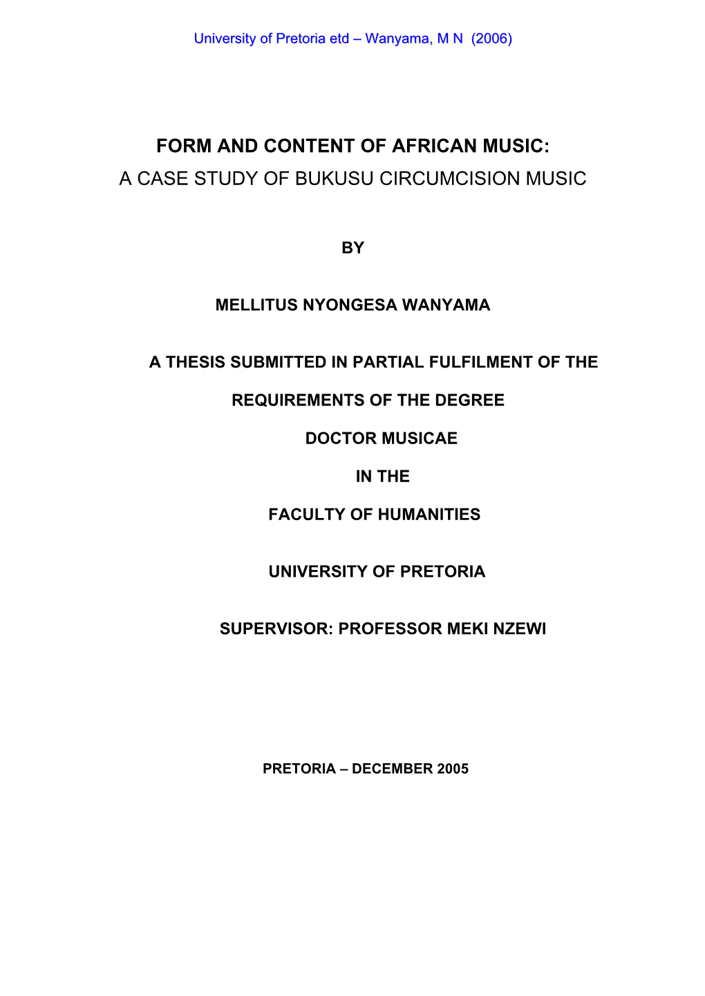 Form and Content of African Music: a Case Study of Bukusu Circumcision Music