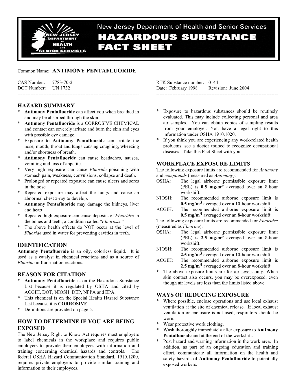 Antimony Pentafluoride Hazard Summary