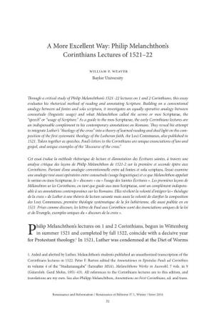 Philip Melanchthon's Corinthians Lectures of 1521–22