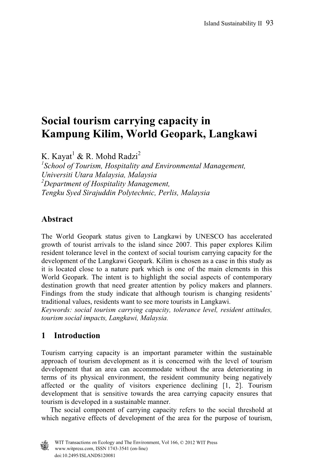 Social Tourism Carrying Capacity in Kampung Kilim, World Geopark, Langkawi