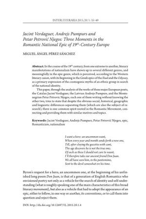 Jacint Verdaguer, Andrejs Pumpurs and Petar Petrović Njegos: Three Moments in the Romantic National Epic of 19Th-Century Europe