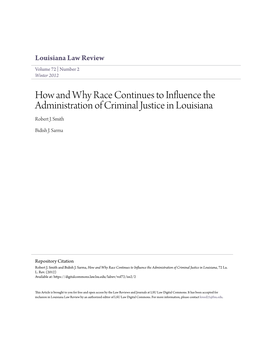 How and Why Race Continues to Influence the Administration of Criminal Justice in Louisiana Robert J