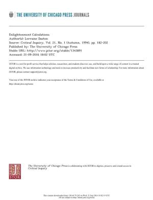 Enlightenment Calculations Author(S): Lorraine Daston Source: Critical Inquiry, Vol