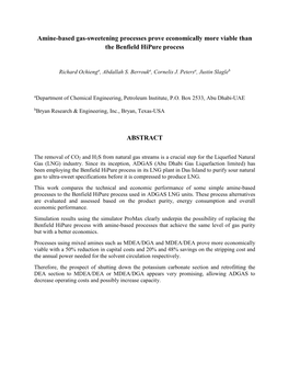 Amine-Based Gas-Sweetening Processes Prove Economically More Viable Than the Benfield Hipure Process