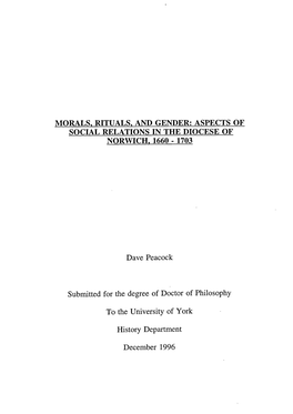 Morals, Rituals, and Gender: Aspects of Social Relations in the Diocese of Norwich, 1660 - 1703