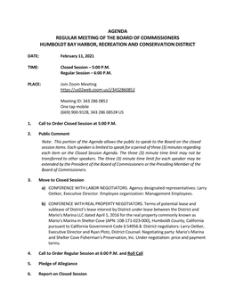 Agenda Regular Meeting of the Board of Commissioners Humboldt Bay Harbor, Recreation and Conservation District