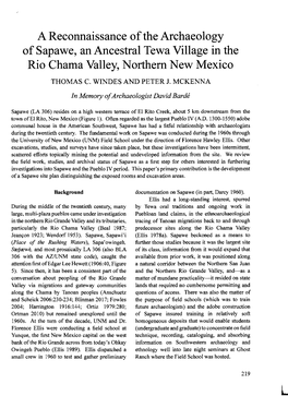 A Reconnaissance of the Archaeology of Sapawe, an Ancestral Tewa Village in the Rio Chama Valley, N Orthem New Mexico