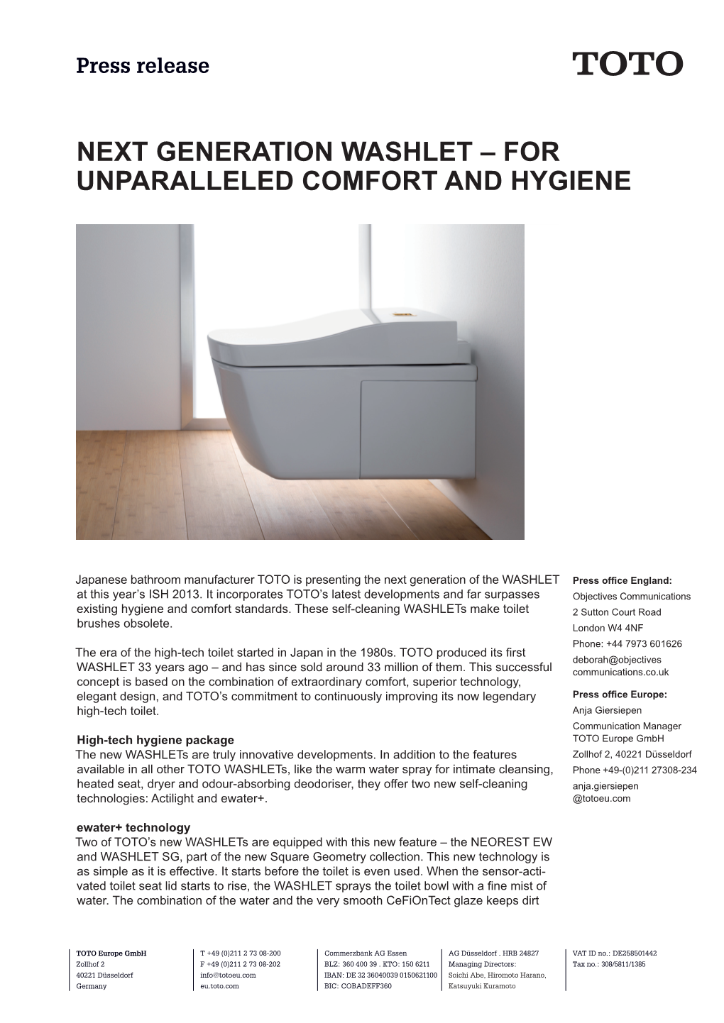 Next Generation WASHLET – for Unparalleled Comfort and Hygiene