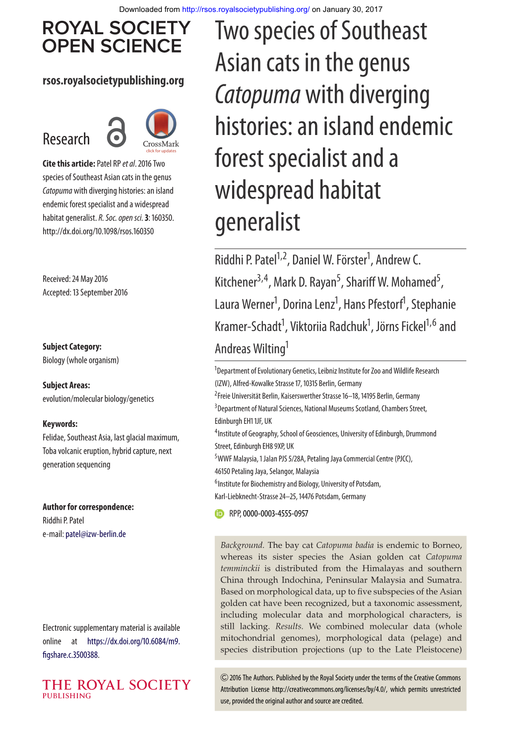 Two Species of Southeast Asian Cats in the Genus Rsos.Royalsocietypublishing.Org Catopuma with Diverging