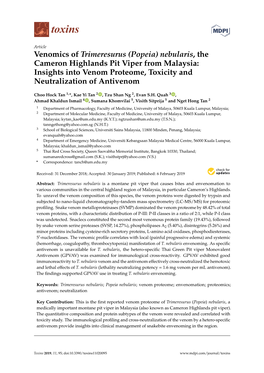 Venomics of Trimeresurus (Popeia) Nebularis, the Cameron Highlands Pit Viper from Malaysia: Insights Into Venom Proteome, Toxicity and Neutralization of Antivenom