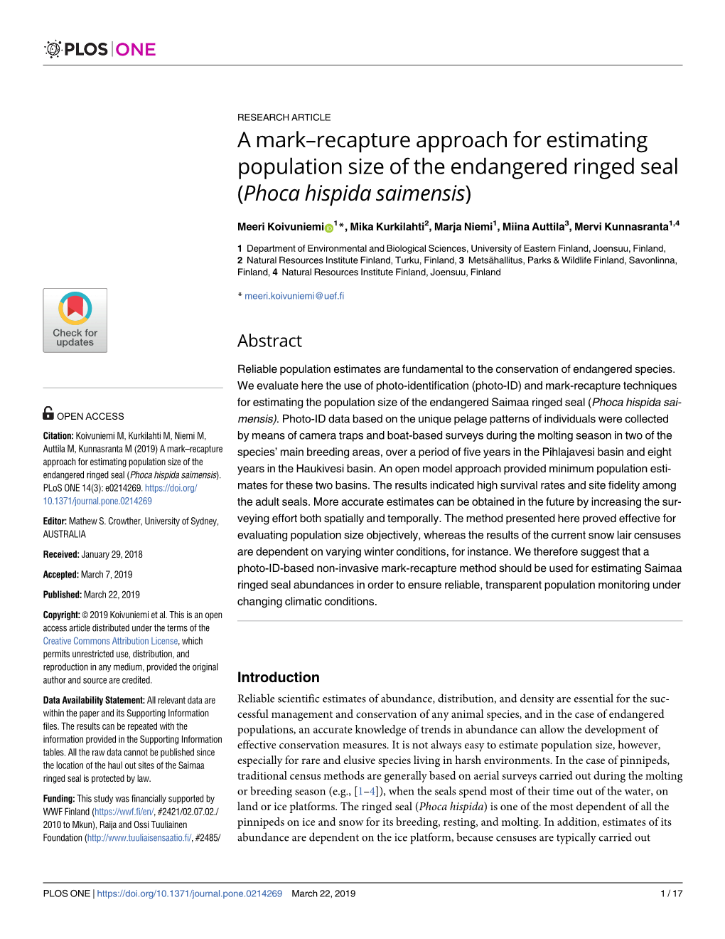 Recapture Approach for Estimating Population Size of the Endangered Ringed Seal (Phoca Hispida Saimensis)