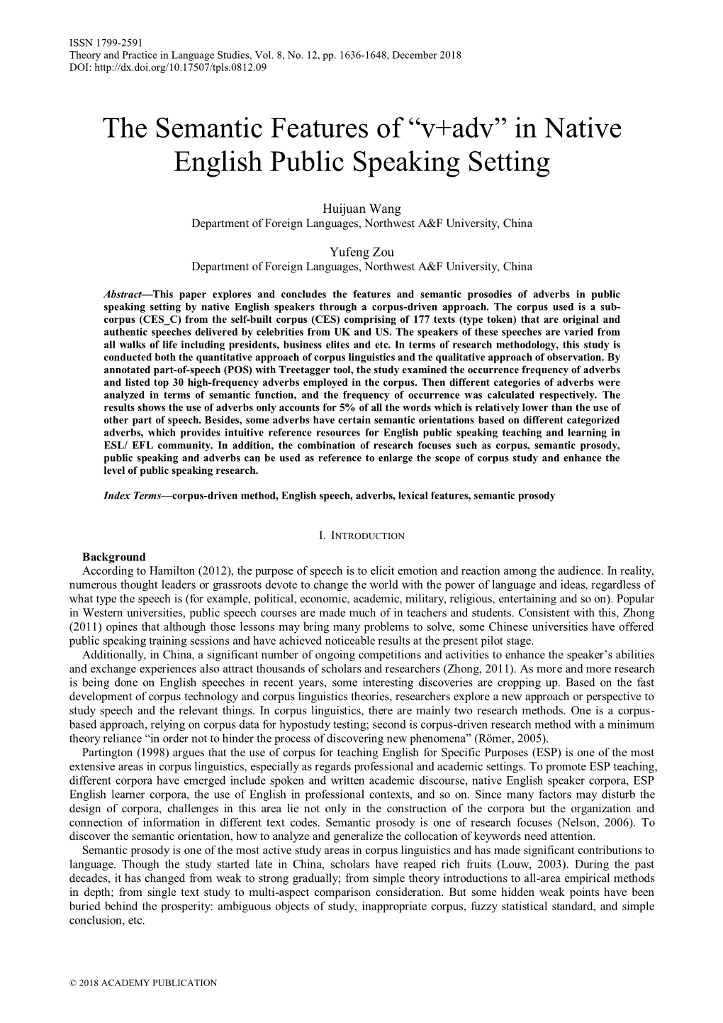 The Semantic Features of “V+Adv” in Native English Public Speaking Setting