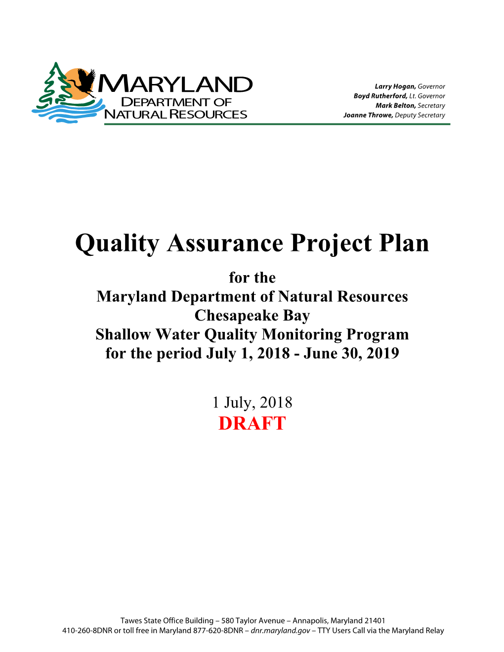 Quality Assurance Project Plan for the Maryland Chesapeake Bay Shallow