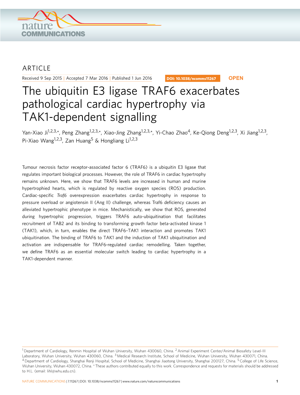 The Ubiquitin E3 Ligase TRAF6 Exacerbates Pathological Cardiac Hypertrophy Via TAK1-Dependent Signalling