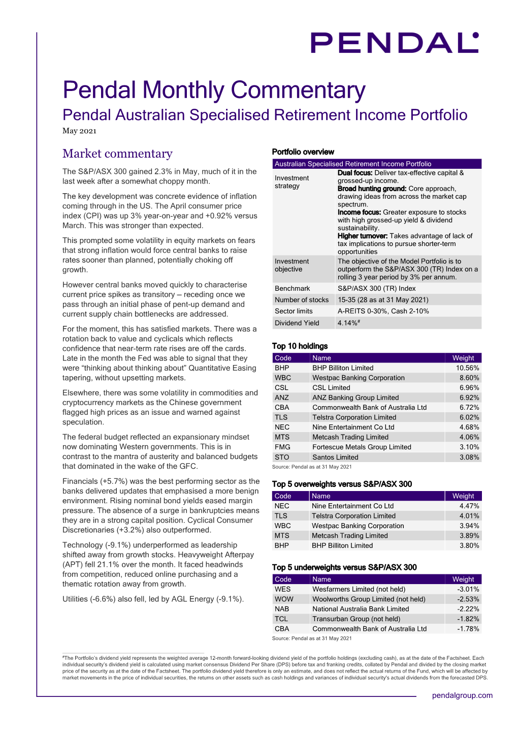 Pendal Monthly Commentary Pendal Australian Specialised Retirement Income Portfolio May 2021