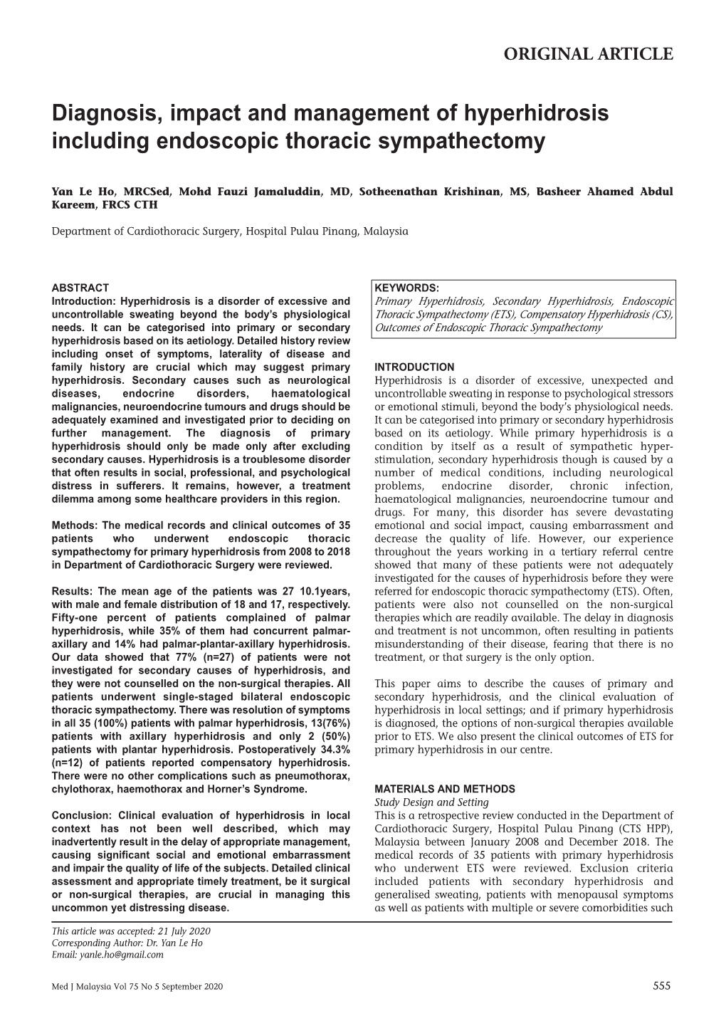 Diagnosis, Impact and Management of Hyperhidrosis Including Endoscopic Thoracic Sympathectomy