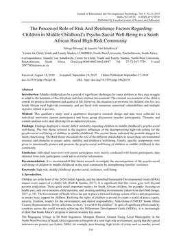The Perceived Role of Risk and Resilience Factors Regarding Children in Middle Childhood's Psycho-Social Well-Being in a South