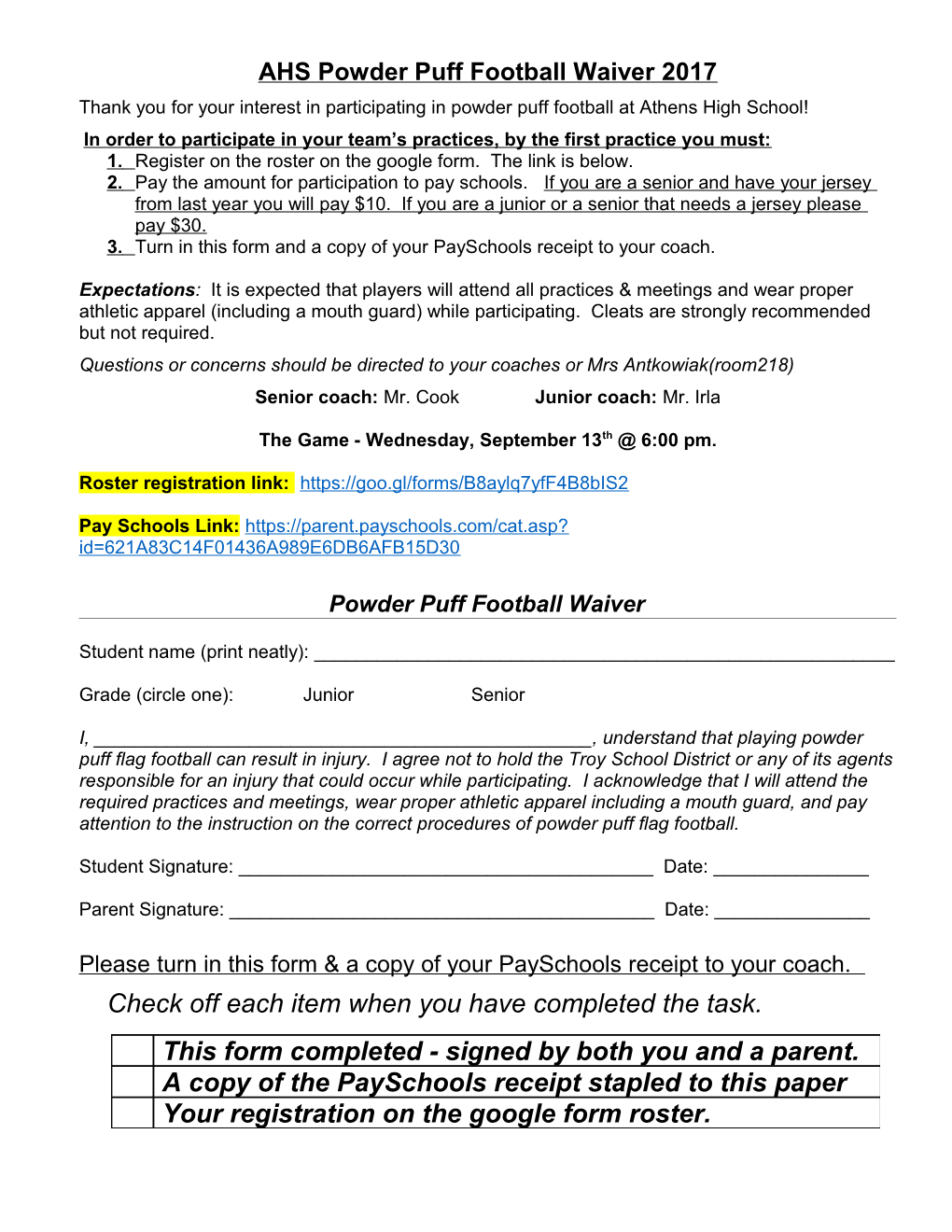 Powder Puff Football Form & Waiver