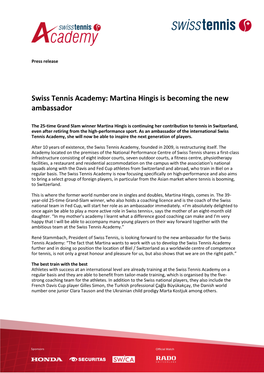 Swiss Tennis Academy: Martina Hingis Is Becoming the New Ambassador